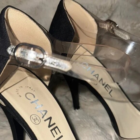 CHANEL Black & Transparent Ankle Strap Heels Size 37.5/ US 7 Made In Italy - Picture 6 of 14